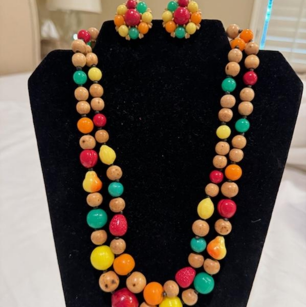 West Germany fruit necklace and clip earring set.